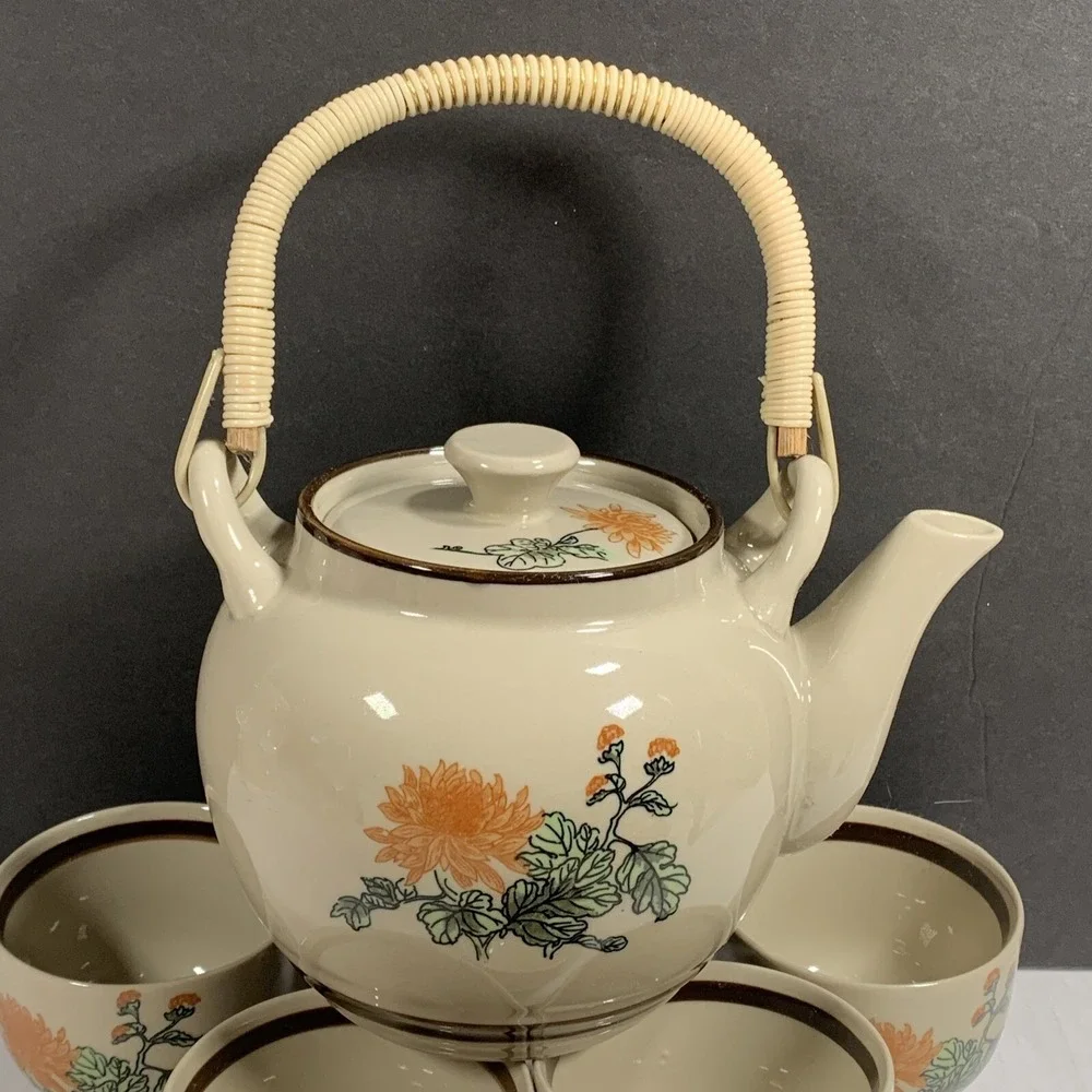 Japanese Tea Set Chrysanthemum Floral Teapot 5 Cups Japan Ceramic Boho Asian Vtg